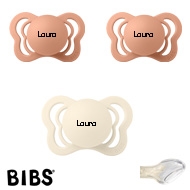 BIBS Couture Sutter med navn str1, 2 Peach, 1 Ivory, Anatomisk Silikone, Pakke med 3 sutt